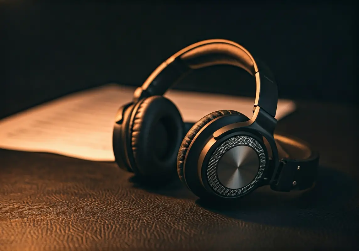 Premium over-ear headphones on dark leather surface with warm amber light
