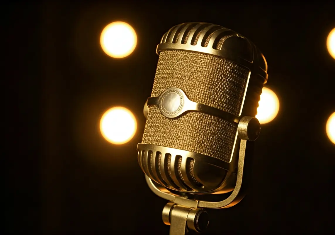 Vintage microphone with golden mesh grille in warm amber spotlight