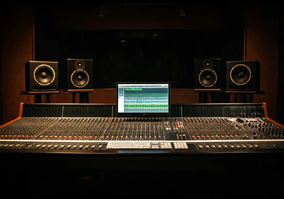 Recording studio control room with warm amber lighting