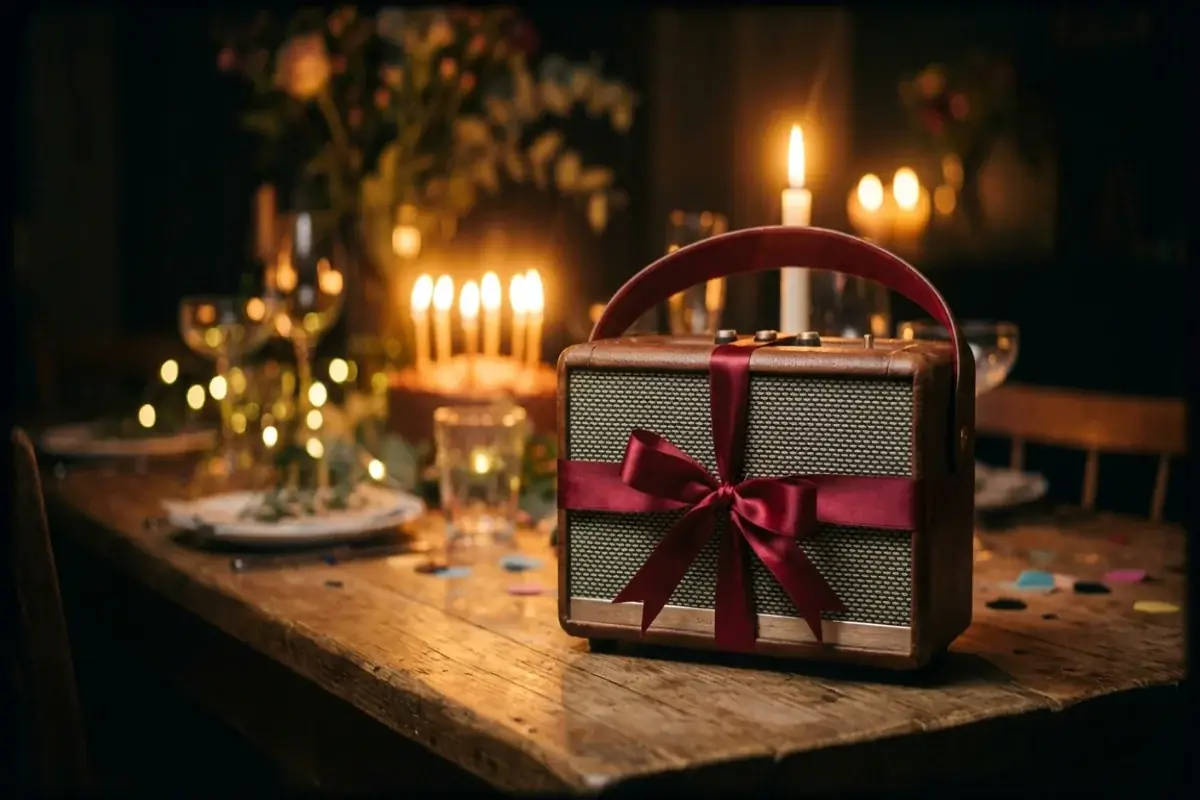 Gift-wrapped portable speaker with satin ribbon and birthday candle bokeh in warm golden light