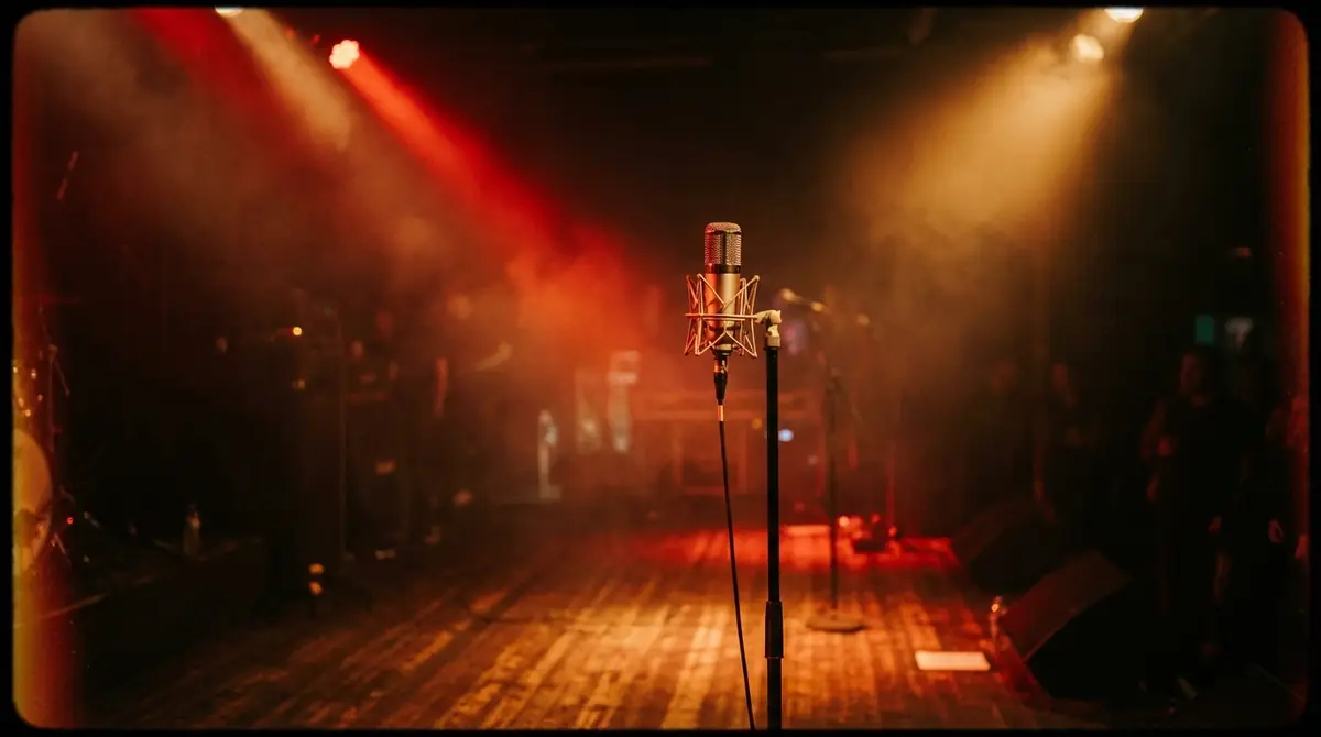 Microphone on stage with dramatic red and amber spotlights in a battle rap setting