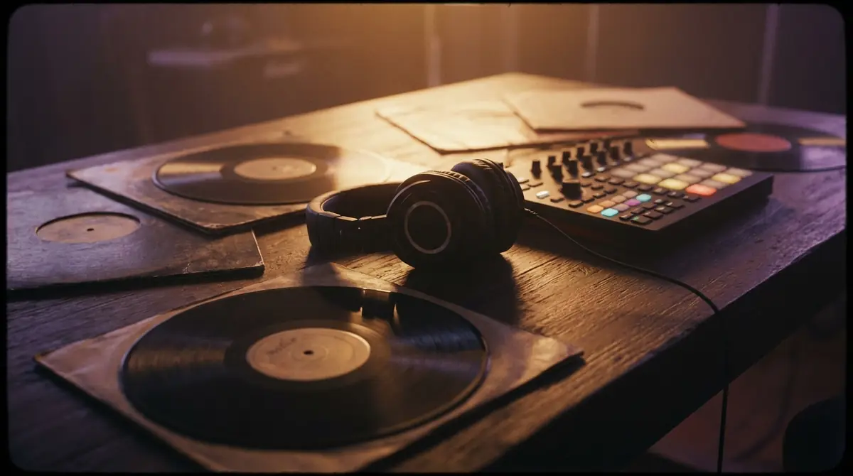 Collection of vinyl records and headphones representing different music styles